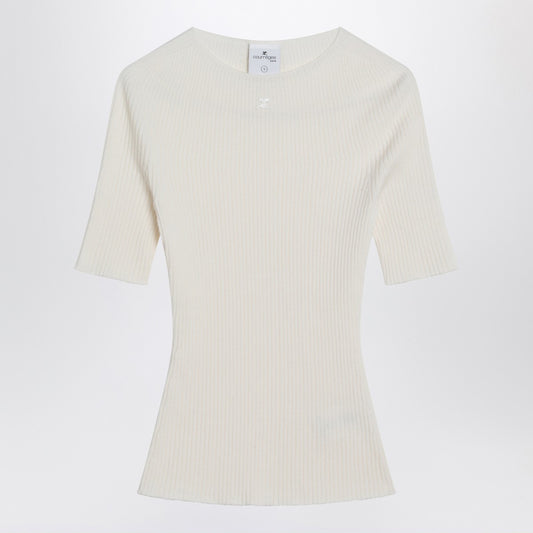 Courreges Courrèges White ribbed sweater in cotton and wool