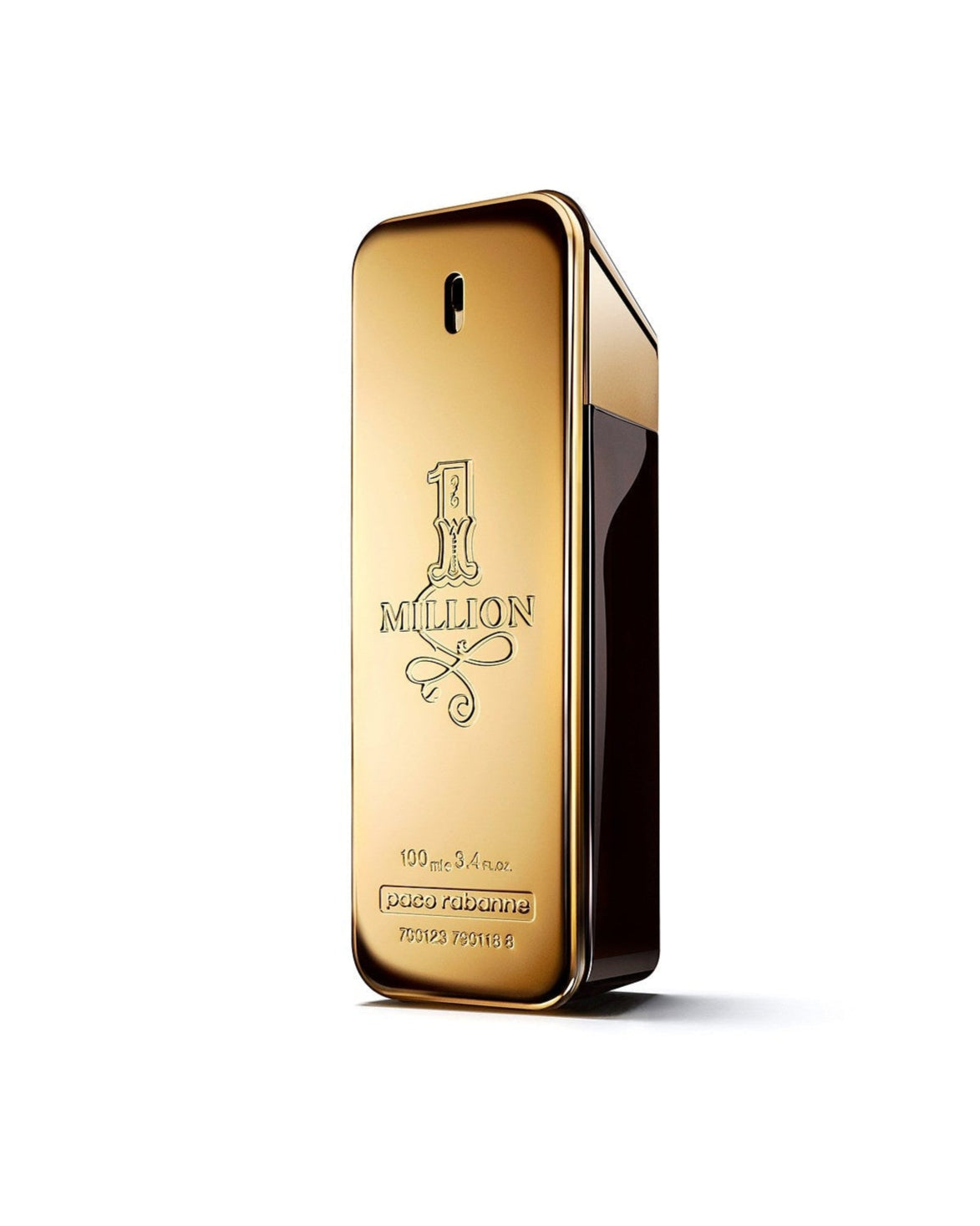Gold and black perfume bottle with '1 Million' branding on a white background