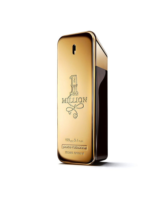 Gold and black perfume bottle with '1 Million' branding on a white background
