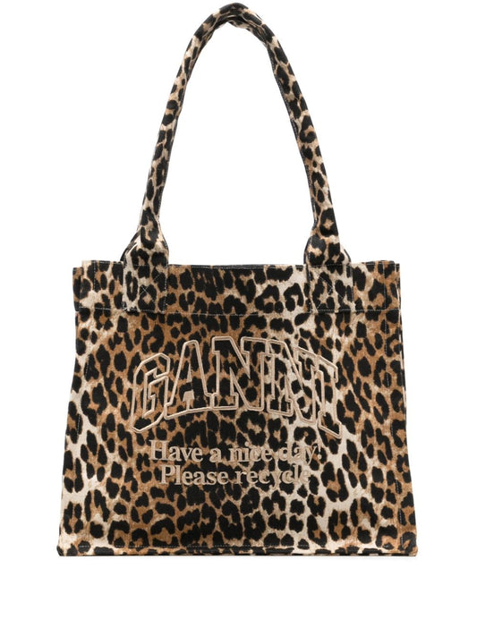 Ganni large leopard-print canvas tote bag