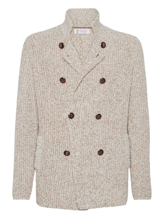 Brunello Cucinelli Mouliné virgin wool, silk and cashmere half English rib one-and-a-half breasted cardigan with metal buttons