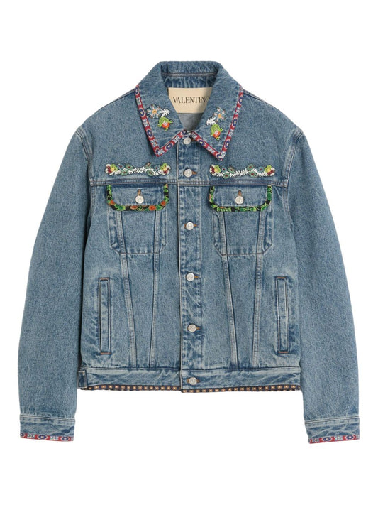Valentino Bead-Embellished Floral-Trimmed Denim Jacket