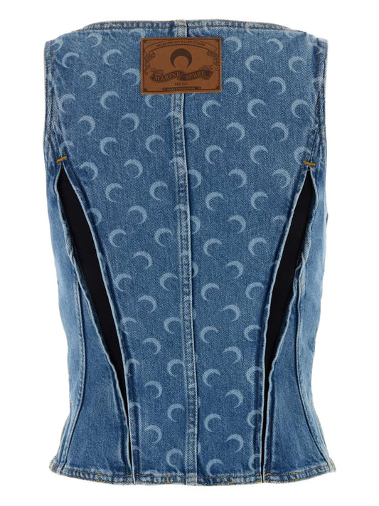 Marine Serre Moon Laser Denim Bustier Top