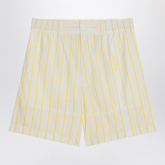 JACQUEMUS White, yellow striped bermuda shorts with logo