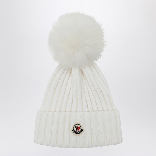 Moncler White wool beanie with pompom
