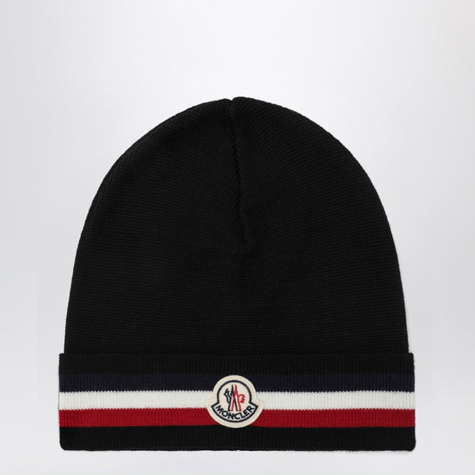 Moncler Black wool beanie with tricolor band