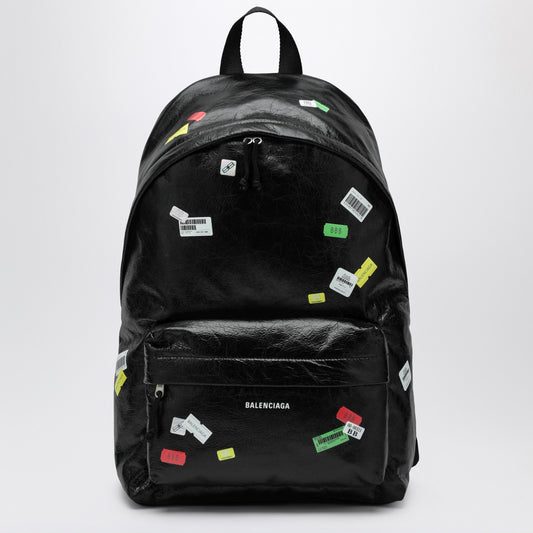 Balenciaga Black Explorer backpack in leather with printed stickers