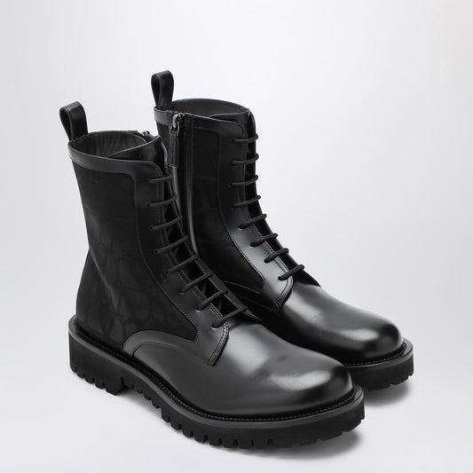 Valentino Garavani Black Combat Boot in technical fabric and Toile Iconographe calfskin