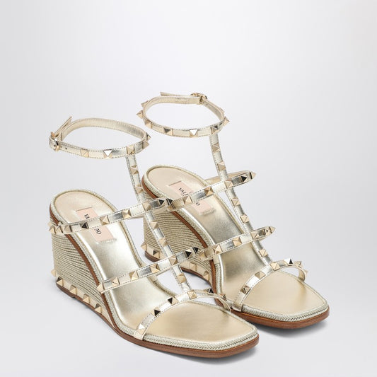 Valentino Garavani Rockstud wedge sandals in platinum color