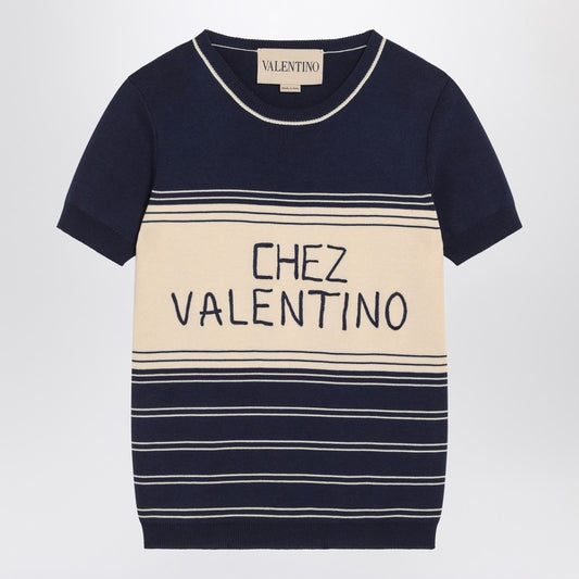 Blue ribbed top with Chez Valentino embroidery
