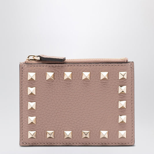 Valentino Garavani Rockstud zipped card holder in powder pink leather