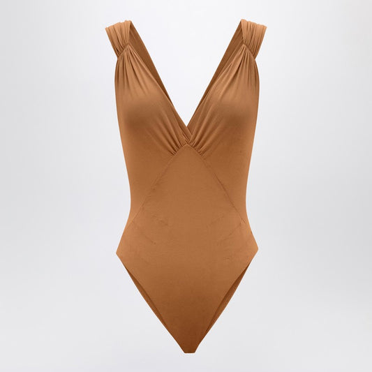 Saint Laurent Brown silk-blend crossover bodysuit