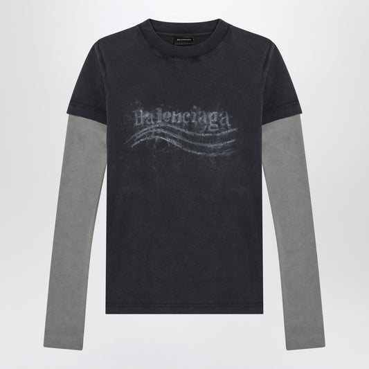 Balenciaga Washed black T-shirt with double sleeves “Washed Crayon Political”