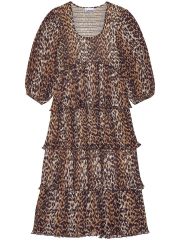 Ganni Leopard Pleated Georgette Flounce Smock Midi Dress