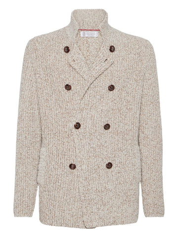 Brunello Cucinelli Mouliné virgin wool, silk and cashmere half English rib one-and-a-half breasted cardigan with metal buttons