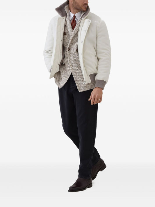 Brunello Cucinelli Mouliné virgin wool, silk and cashmere half English rib one-and-a-half breasted cardigan with metal buttons