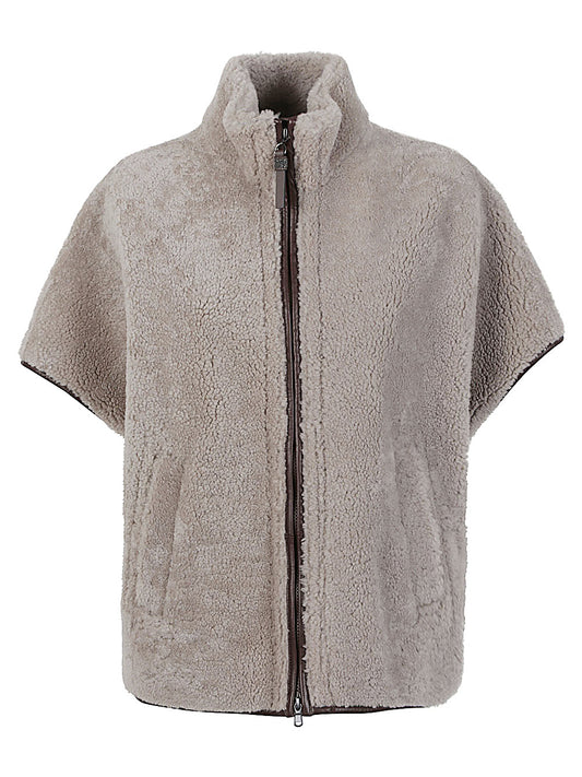 Brunello Cucinelli Curly Shearling Short Sleeve Outerwear with Shiny Zipper Pull