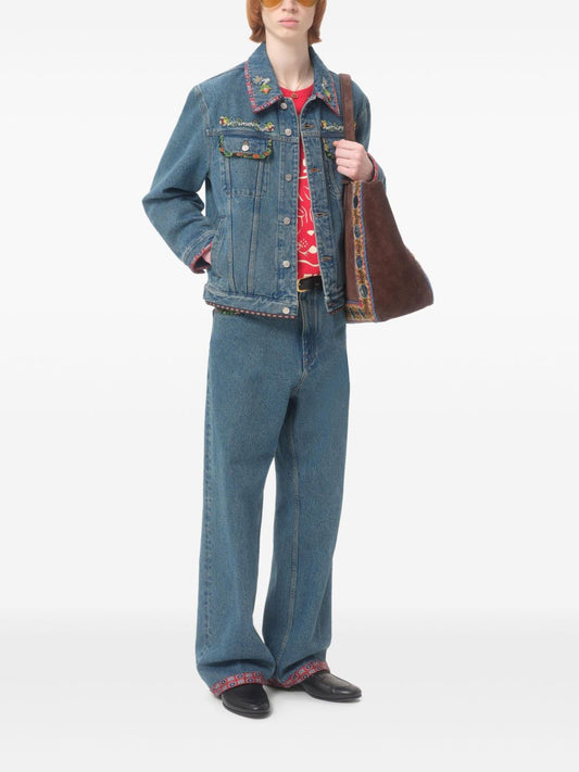 Valentino Bead-Embellished Floral-Trimmed Denim Jacket