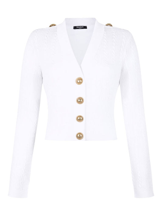 Balmain Button-Trim Cable-Knit Cardigan