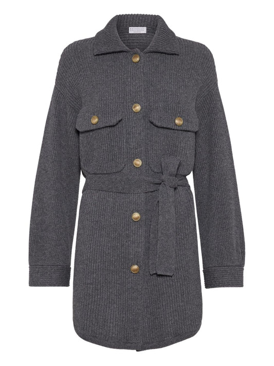 Brunello Cucinelli Virgin wool, cashmere and silk English rib belted cardigan with metal buttons