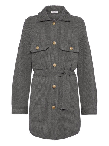 Brunello Cucinelli Virgin wool, cashmere and silk English rib belted cardigan with metal buttons