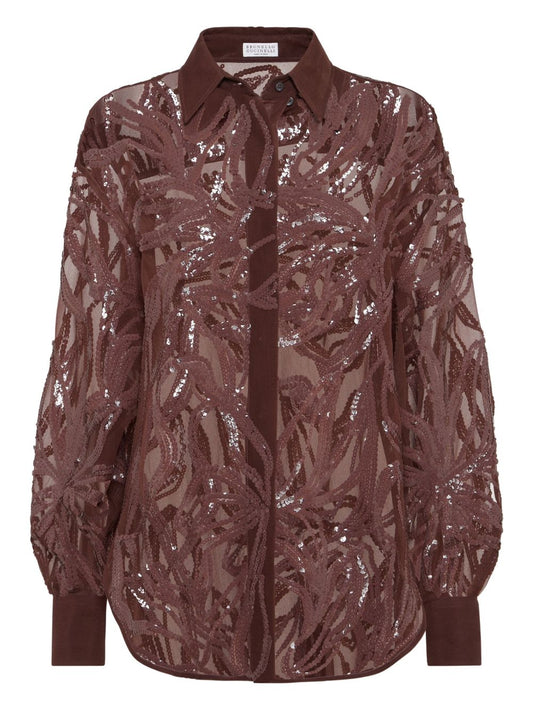 Brunello Cucinelli Crispy silk shirt with dazzling floral embroidery