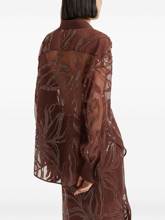 Brunello Cucinelli Crispy silk shirt with dazzling floral embroidery