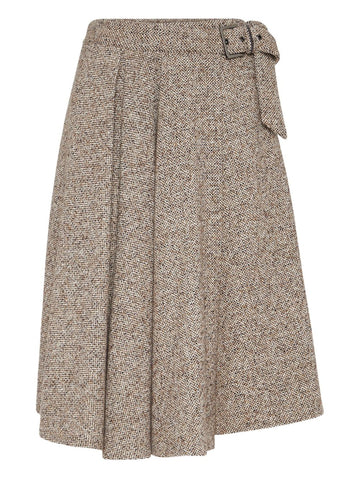 Brunello Cucinelli Flecked virgin wool and silk chevron kilt skirt with monili