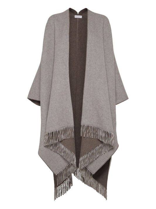 Brunello Cucinelli Herringbone-pattern fringed poncho