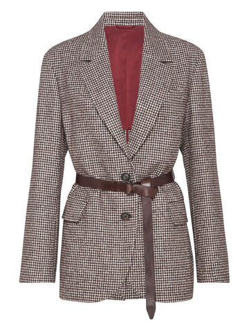 Brunello Cucinelli Wool and alpaca houndstooth jacket with leather and monili belt