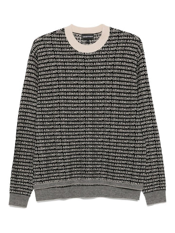 Emporio Armani Virgin wool sweater with jacquard logo and all-over signature