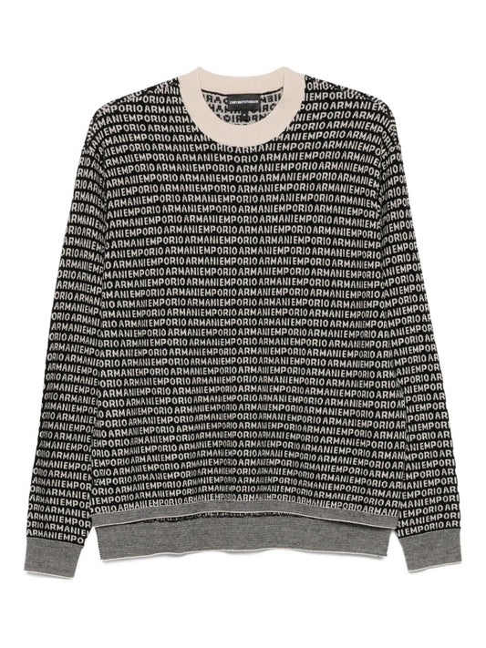 Emporio Armani Virgin wool sweater with jacquard logo and all-over signature