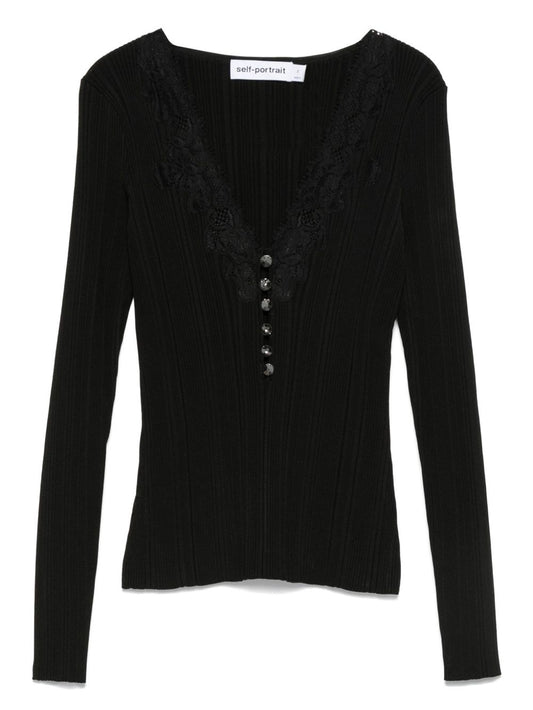 Self-Portrait Lace-trimmed ribbed top