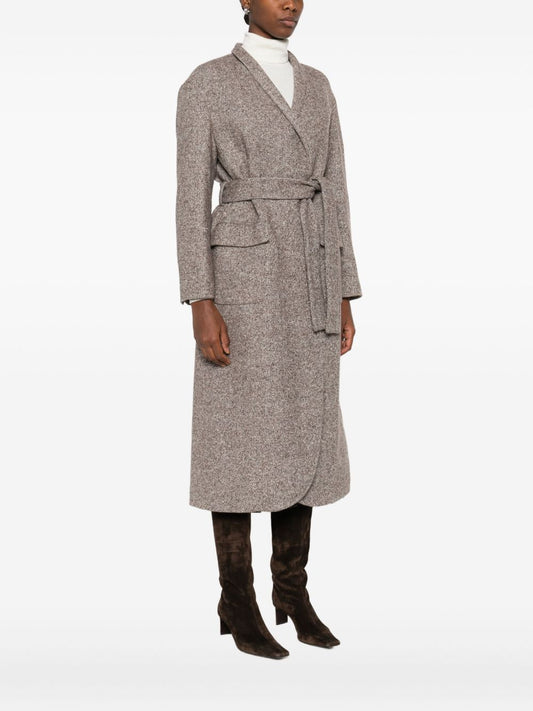 Brunello Cucinelli Coat in diagonal melange virgin wool and silk with belt and monili