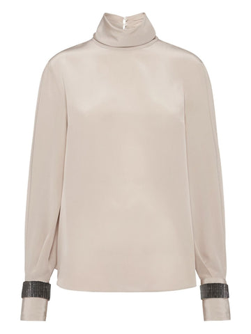 Brunello Cucinelli High-neck T-shirt in silk crêpe de Chine with Precious Bracelets