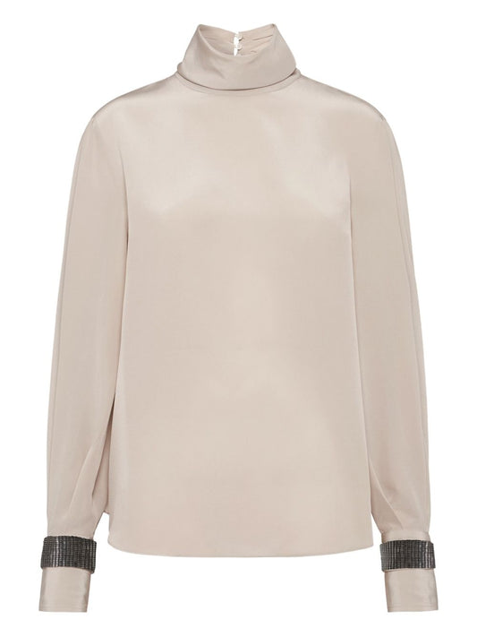 Brunello Cucinelli High-neck T-shirt in silk crêpe de Chine with Precious Bracelets