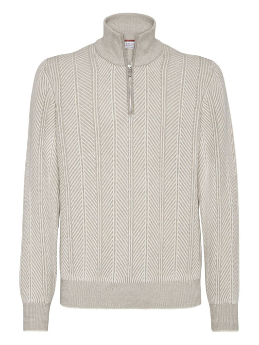 Brunello Cucinelli Herringbone twill zip-neck sweater