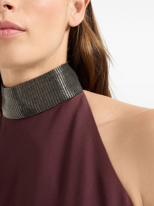 Brunello Cucinelli Halterneck dress in silk crêpe cady and acetate with Precious Beaded Collar