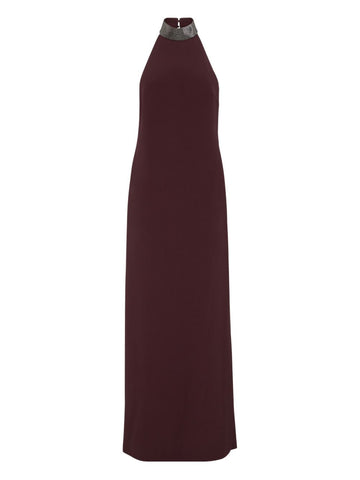 Brunello Cucinelli Halterneck dress in silk crêpe cady and acetate with Precious Beaded Collar