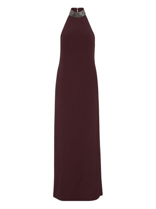 Brunello Cucinelli Halterneck dress in silk crêpe cady and acetate with Precious Beaded Collar