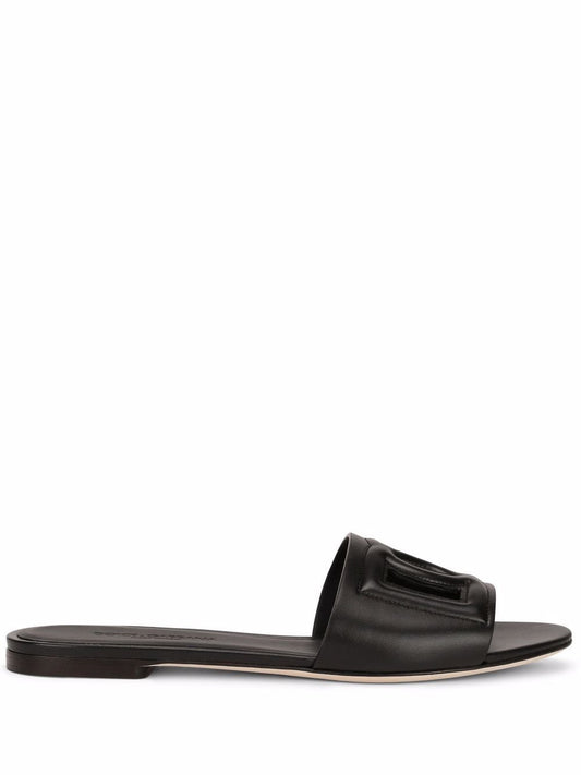Dolce & Gabbana-DG logo leather flat slides in black calfskin