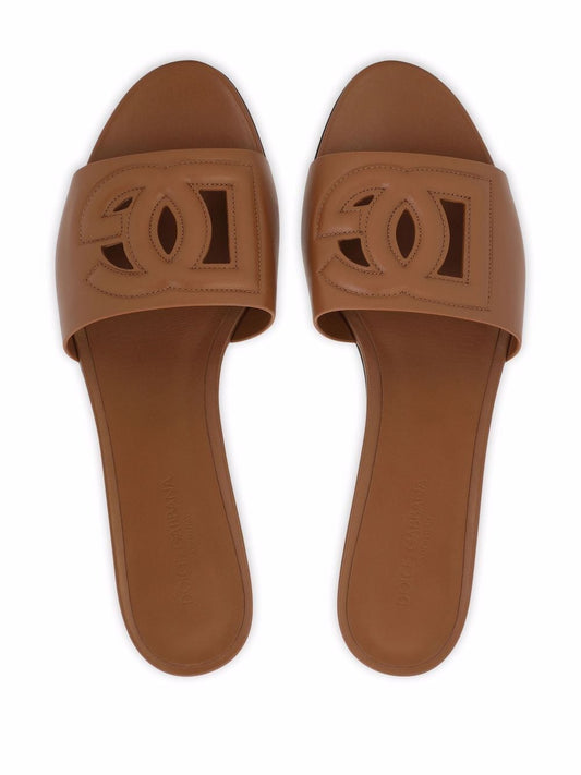 Dolce & Gabbana-DG logo brown calfskin leather slides.