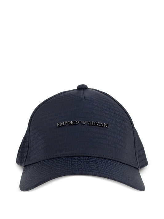 Emporio Armani Baseball Hat In Jacquard Nylon With All-Over Lettering Logo