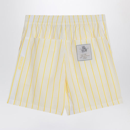 JACQUEMUS White, yellow striped bermuda shorts with logo