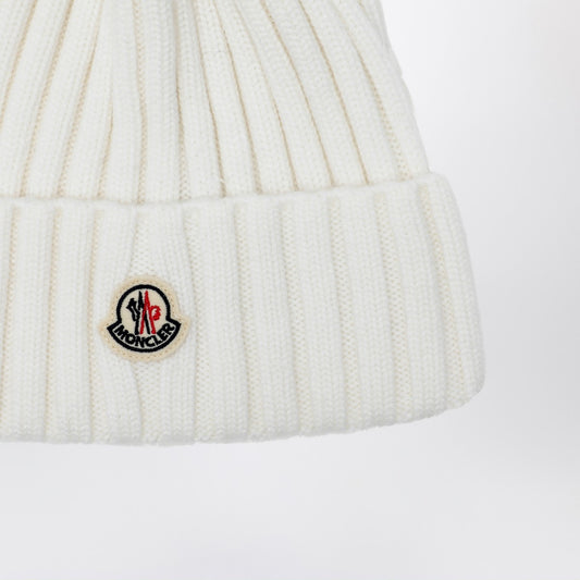 Moncler White wool beanie with pompom