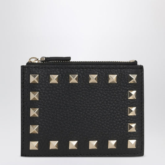 Valentino Garavani Rockstud zipped card holder in black leather
