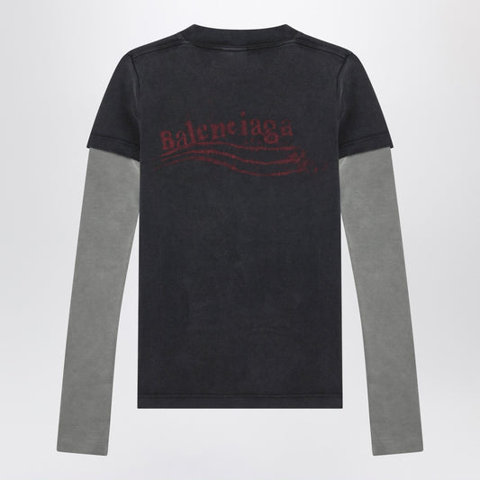 Balenciaga Washed black T-shirt with double sleeves “Washed Crayon Political”
