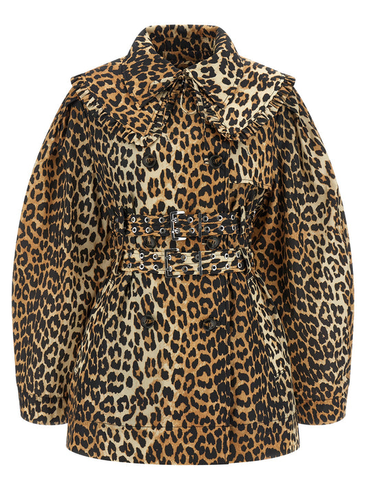 Ganni Leopard Duchesse Nylon Short Trench Coat
