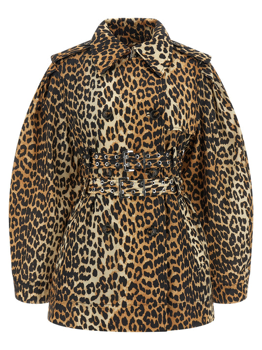 Ganni Leopard Duchesse Nylon Short Trench Coat