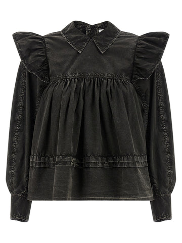 Ganni Black Washed Frill Blouse